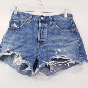 Levi's Big E Buttonfly Distressed jeans Short Blue Denim size 25 100% Cotton